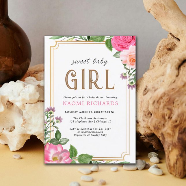 Gold Pink Floral Girl Babydusche Rahmen Einladung (Von Creator hochgeladen)