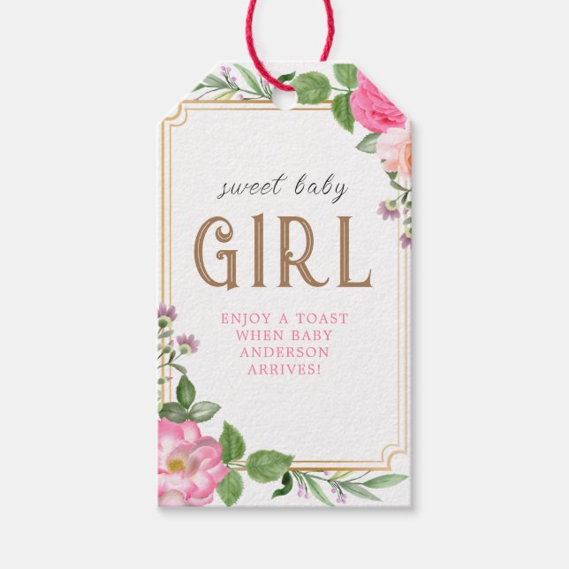Gold Pink Floral Girl Babydusche Rahmen Geschenkanhänger (Vorderseite)