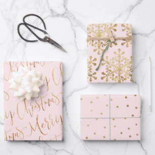 Gold Pink Frohe Weihnachtsschrift Snowflakes Stern Geschenkpapier Set