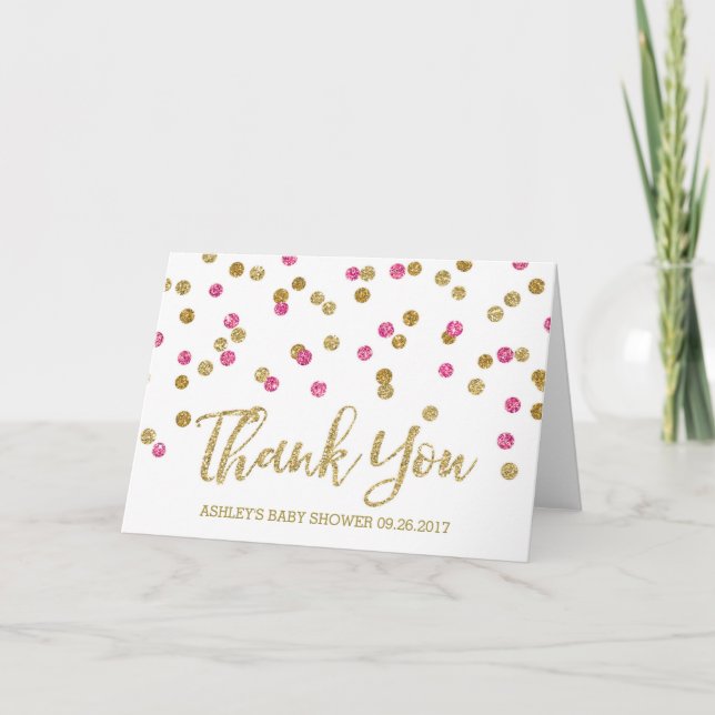 Gold Pink Fuchsia Confetti Baby Dusche Vielen Dank Dankeskarte (Vorderseite)