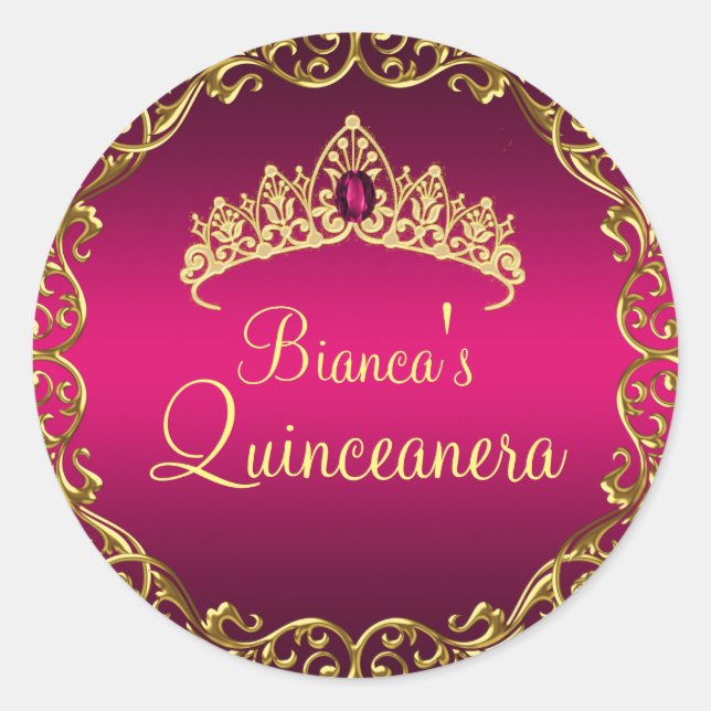 Gold & Pink Gem Tiara Quinceanera Sticker (Vorderseite)