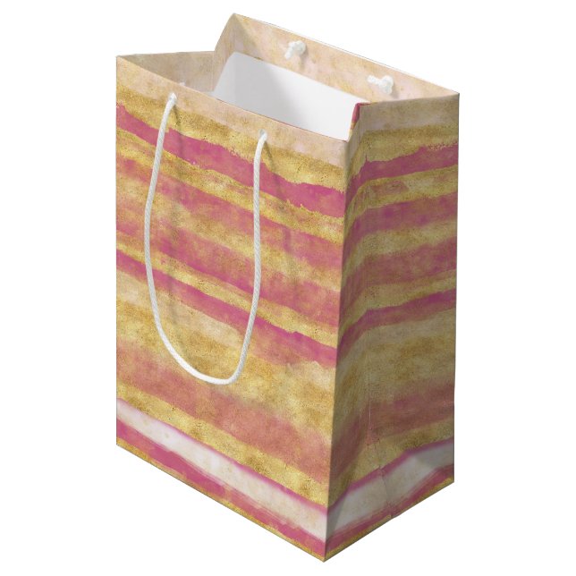 Gold Pink Glitz Streifen Mittlere Geschenktüte (Vorderseite Schrägansicht)
