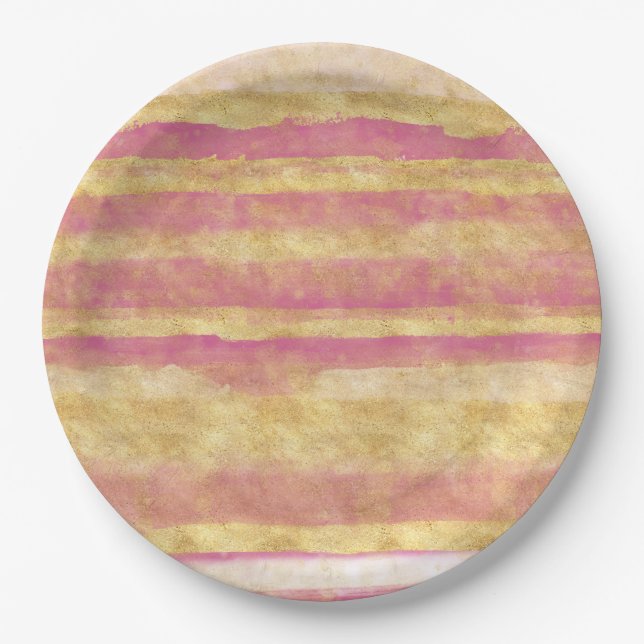 Gold Pink Glitz Streifen Pappteller (Vorderseite)