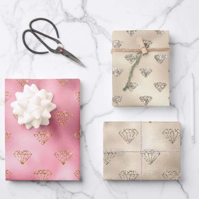 Gold Pink Glitzer Diamonds Geschenkpapier Set (Vorderseite)