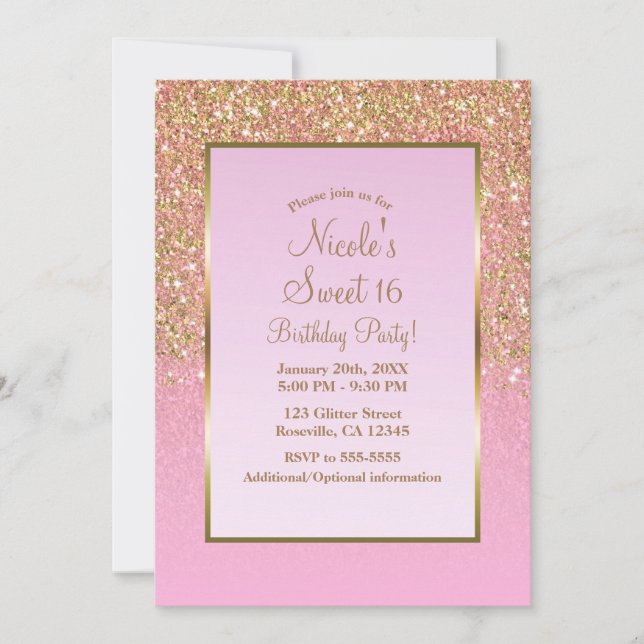 Gold & Pink Glitzer Glam Shine Sweet 16 Party Einladung (Vorderseite)
