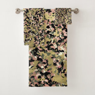 Gold Pink Green Black Camouflage Muster Print Badhandtuch Set
