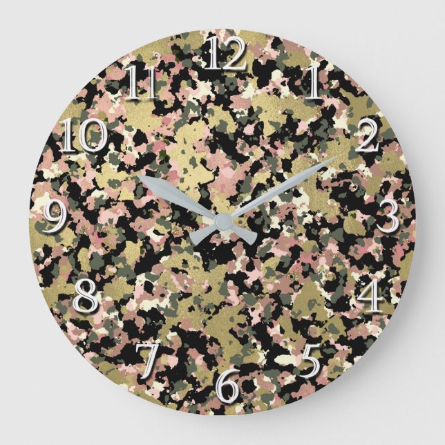 Gold Pink Green Black Camouflage Muster Print Große Wanduhr (Vorderseite)