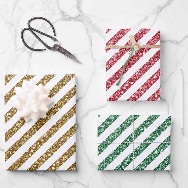 Gold Pink Green Glitzer Stripes Christmas Wrapping Geschenkpapier Set (Vorderseite)