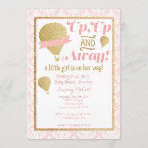 Gold Pink Hot Air Ballon Baby Dusche Einladung