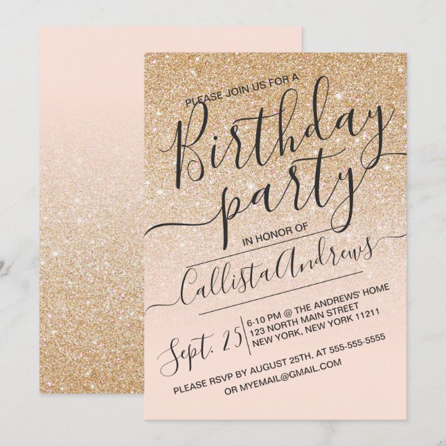 Gold Pink Imitats Funkelnd Glitzer Ombre Birthday Einladung (Vorne/Hinten)