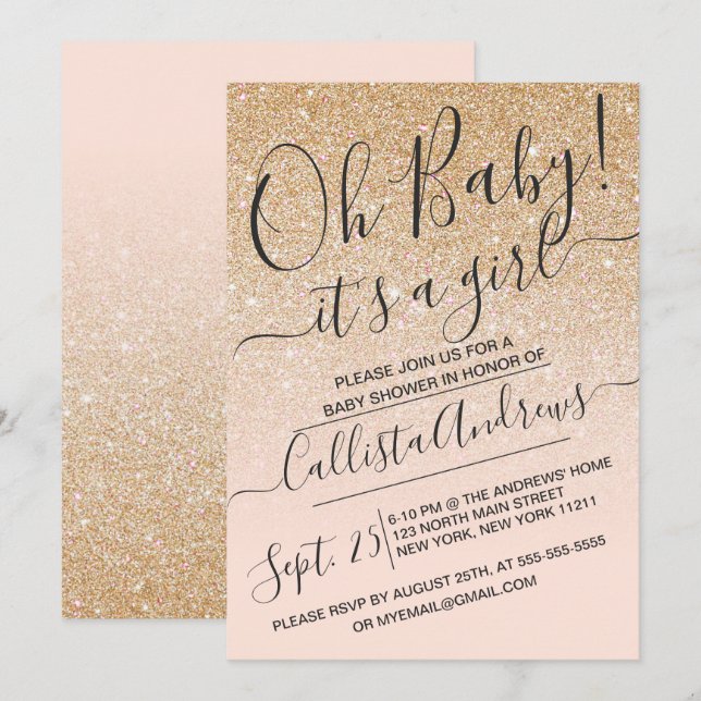 Gold Pink Imitats Funkelnd Glitzer Ombre Kinderdus Einladung (Vorne/Hinten)