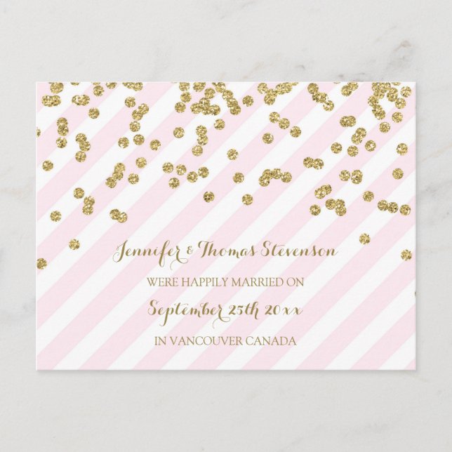 Gold Pink Just Married Announccards Ankündigungspostkarte (Vorderseite)