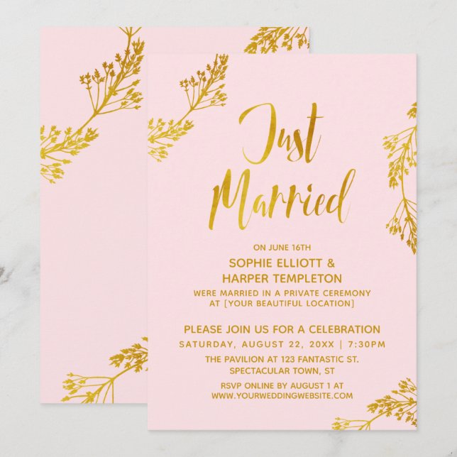 Gold & Pink Just Married Post Wedding Party Einladung (Vorne/Hinten)