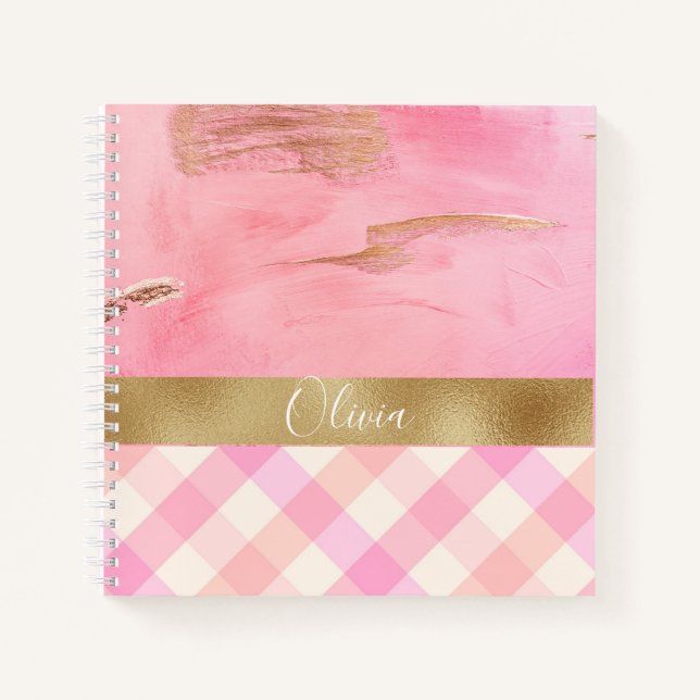 Gold Pink Karierter Abstrakter Name des Skripts fü Notizbuch (Vorderseite)