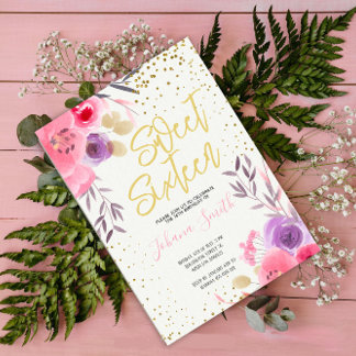 Gold Pink Lila Floral 16 . Geburtstag Geburtstag Einladung