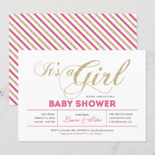Gold & Pink   Mädchen, Chic typografische Babypart Einladung