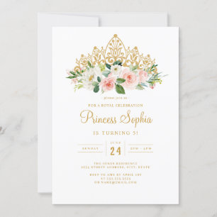 Gold Pink Mädchen Prinzessin Floral Diadem Geburts Einladung
