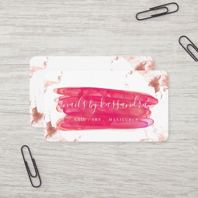 Gold & Pink Nail Polnischer Pinselstrich und Name  Visitenkarte (Vorderseite/Rückseite Beispiel)