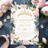 Gold Pink Navy Floral Tiara Butterfly Quinceanera