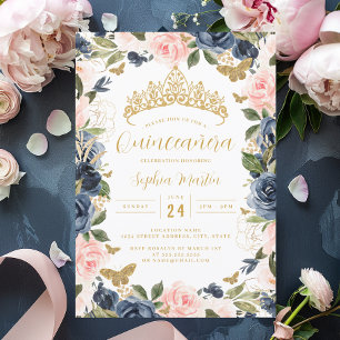 Gold Pink Navy Floral Tiara Butterfly Quinceanera Einladung