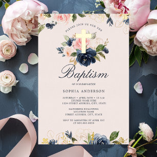 Gold Pink Navy Florale Taufe Folieneinladung