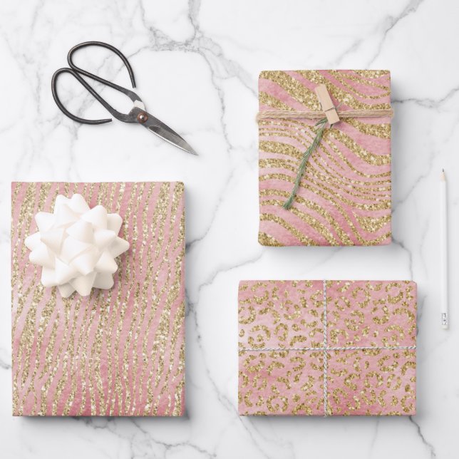 Gold Pink Ombre Zebra Leopard Geschenkpapier Set (Vorderseite)