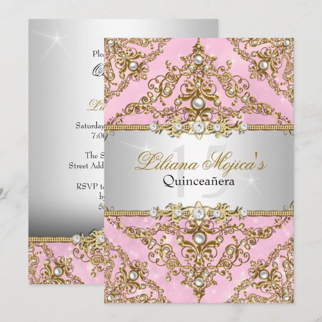 Gold & Pink Pearl Damask Quinceanera Invitation (Devant / Derrière)