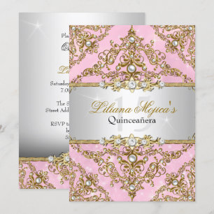 Gold & Pink Pearl Damask Quinceanera Invitation