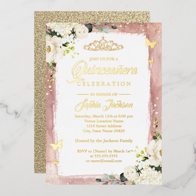 Gold Pink Quinceanera Floral Sparky Tiara Folieneinladung (Vorderseite/Rückseite)