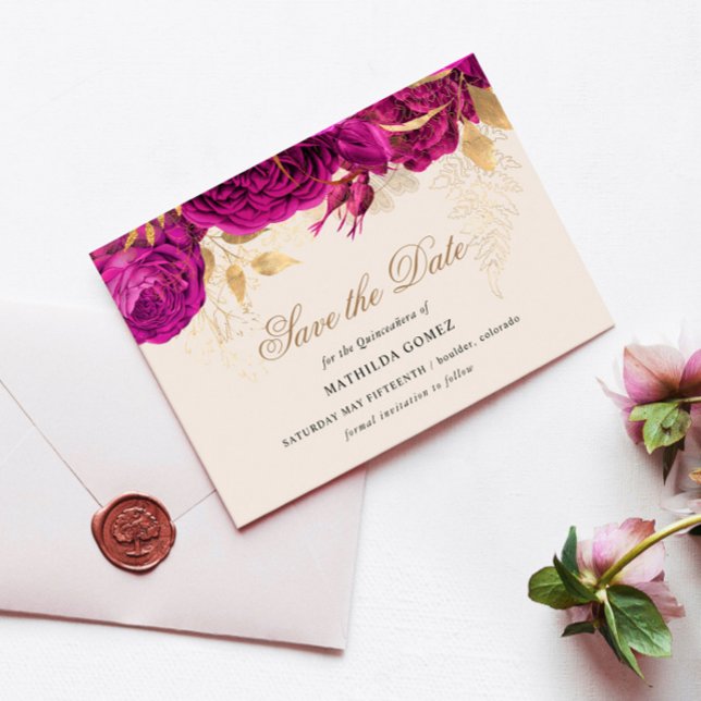 Gold Pink Roses Quinceanera Save the Date Einladung (Von Creator hochgeladen)