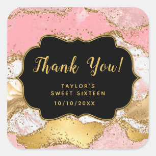 Gold Pink Sequins Agate 16 . Geburtstag Danke Quadratischer Aufkleber