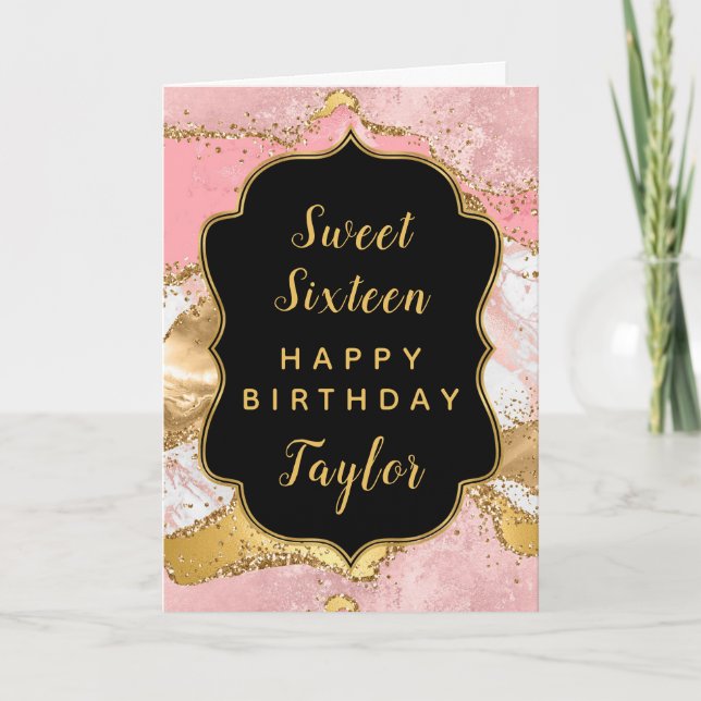 Gold Pink Sequins Agate Sweet 16 Happy Birthday Karte (Vorderseite)