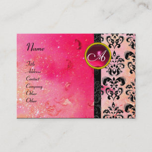 GOLD PINK SPARKLING DAMASK MONOGRAM, fuchsia ruby Visitenkarte
