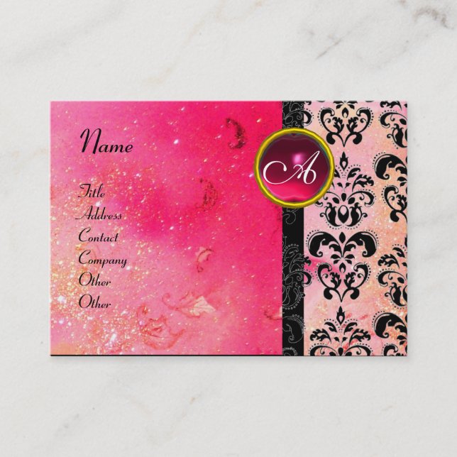 GOLD PINK SPARKLING DAMASK MONOGRAM, fuchsia ruby Visitenkarte (Vorderseite)