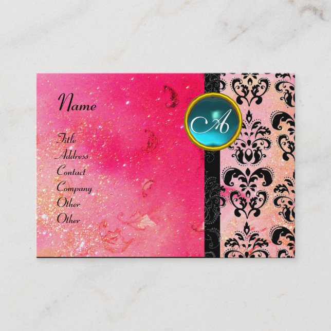 GOLD PINK SPARKLING DAMASK MONOGRAM, fuchsienblau Visitenkarte (Vorderseite)