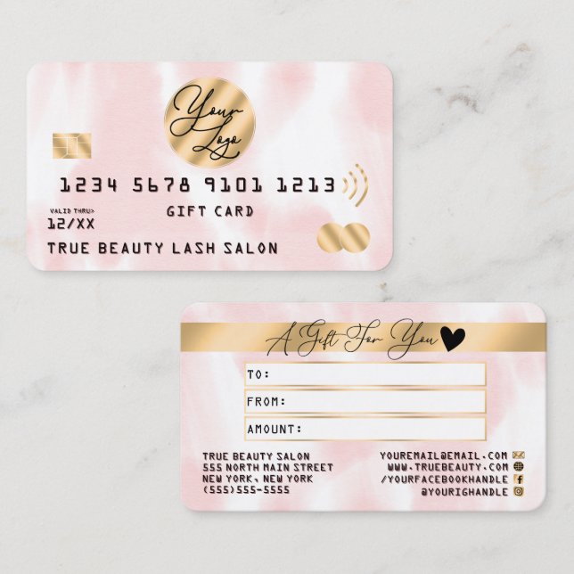 Gold Pink White Watercolor Gutschein Visitenkarte (Vorne/Hinten)