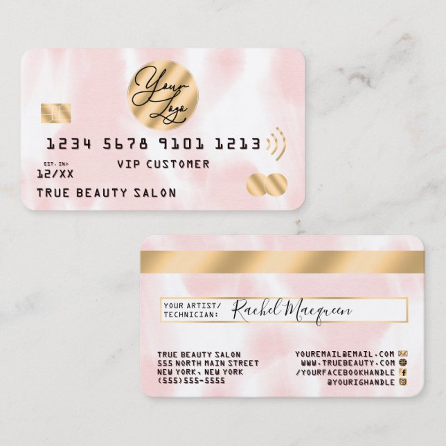 Gold Pink White Watercolor Kreditkarte Logo Visitenkarte (Vorne/Hinten)