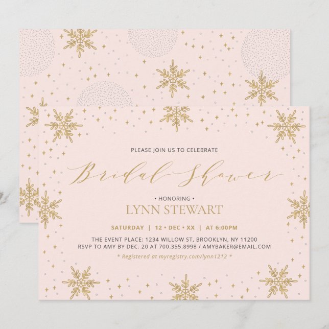 Gold & Pink Winter Snowflake Hochzeitsfeier Brautp Einladung (Vorne/Hinten)