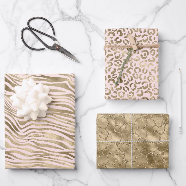Gold Pink Zebra Animal Print Geschenkpapier Set (Vorderseite)