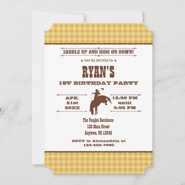 Gold Plaid Cowboy Rodeo Anniversaire Invitation (Devant)