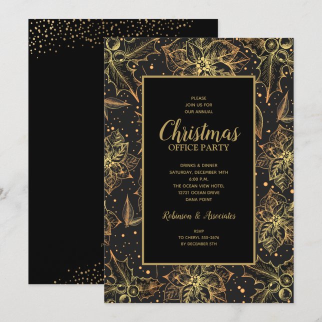 Gold Poinsettias Floral Invitations de Noël (Devant / Derrière)