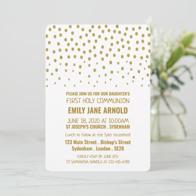 Gold Polka Dot, Erste Heilige Kommune Einladung (Stehend Vorderseite)