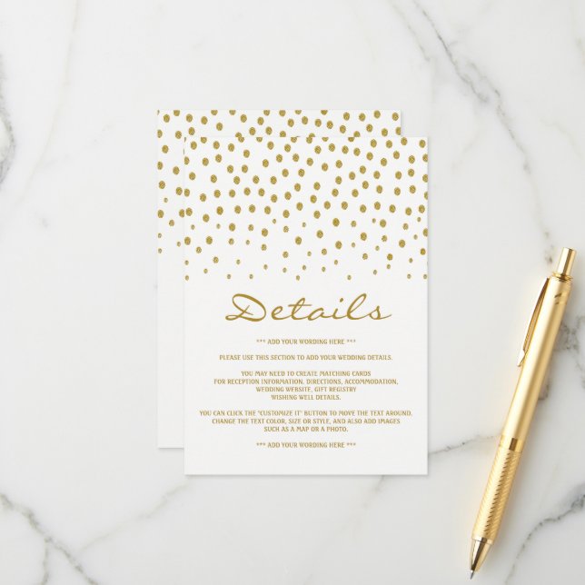 Gold Polka Dot - Weiß & Gold - Hochzeitsdetails Begleitkarte (Vorderseite/Rückseite Beispiel)