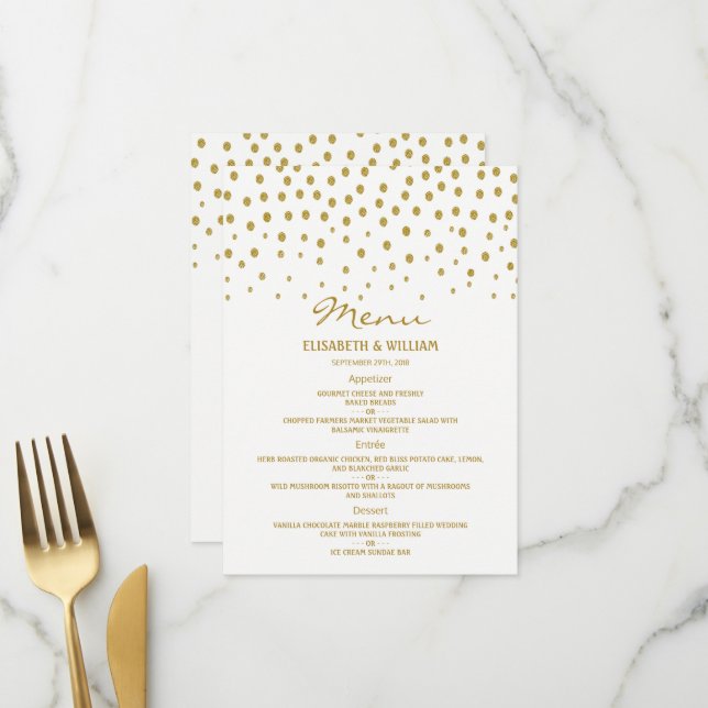 Gold Polka Dot - White & Gold - Hochzeit Menükarte (Vorderseite/Rückseite Beispiel)