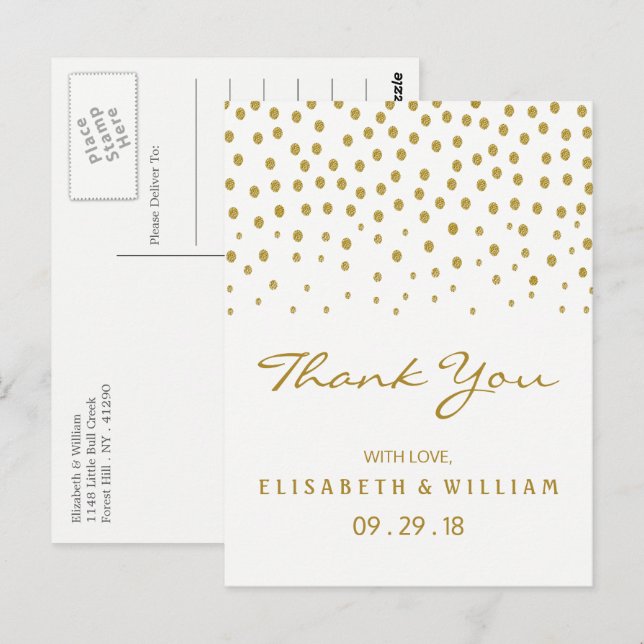 Gold Polka Dot - White & Gold - Hochzeitsdanken Postkarte (Vorne/Hinten)