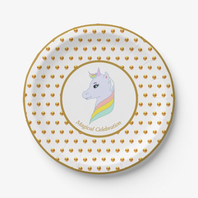 Gold Polka Dots and Unicorn Pappteller (Vorderseite)