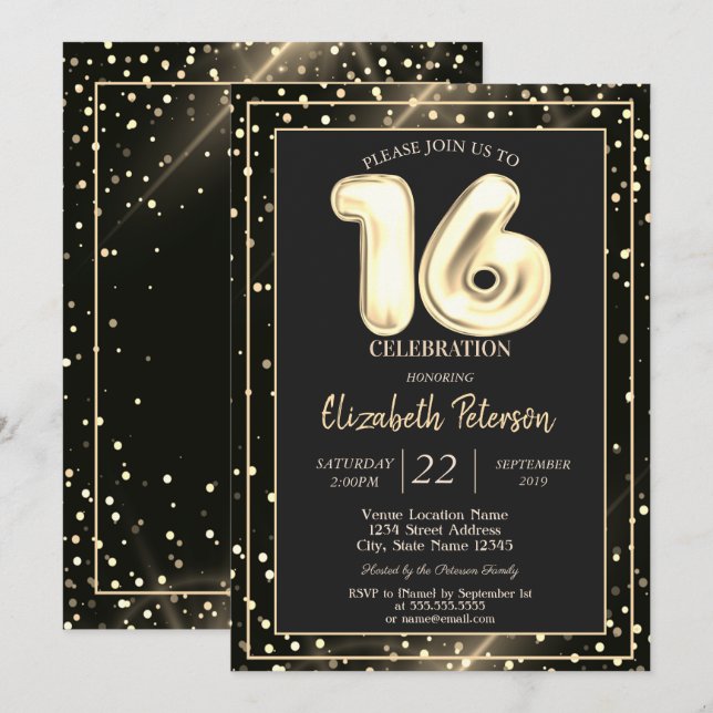 Gold Polka Dots Black Sweet 16 Party Einladung (Vorne/Hinten)