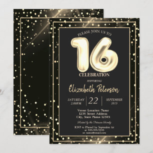 Gold Polka Dots Black Sweet 16 Party Einladung