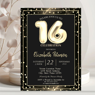 Gold Polka Dots Black Sweet 16 Party Einladung