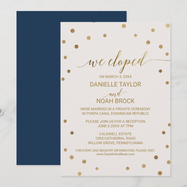 Gold Polka Dots Elopement Empfang Einladung (Vorne/Hinten)
